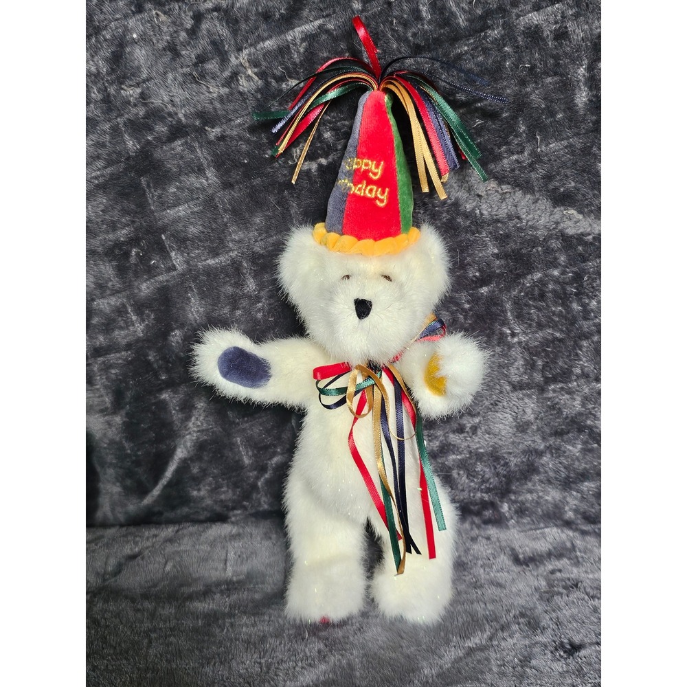 Boyds Bears White Birthday Teddy Bear Multi-Color Party Hat Ribbon 9.5" Plush